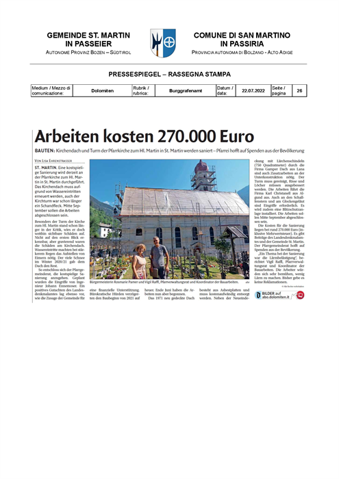 Dolomiten - Il costo dell'opera è di 270.000 euro