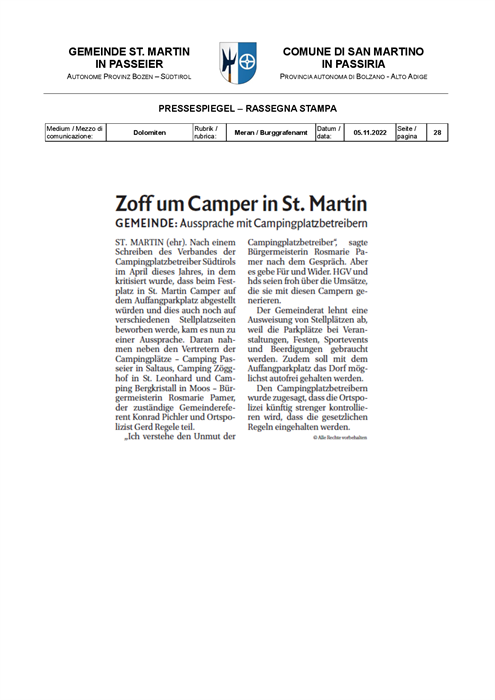 Dolomiten - Zoff um Camper in St. Martin