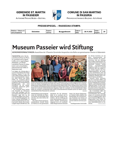 Dolomiten - Il Museo Passiria diventa una fondazione