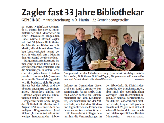 Dolomiten - Zagler fast 33 Jahre Bibliothekar