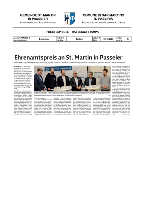Dolomiten - Premio per il volontariato a San Martino in Passiria