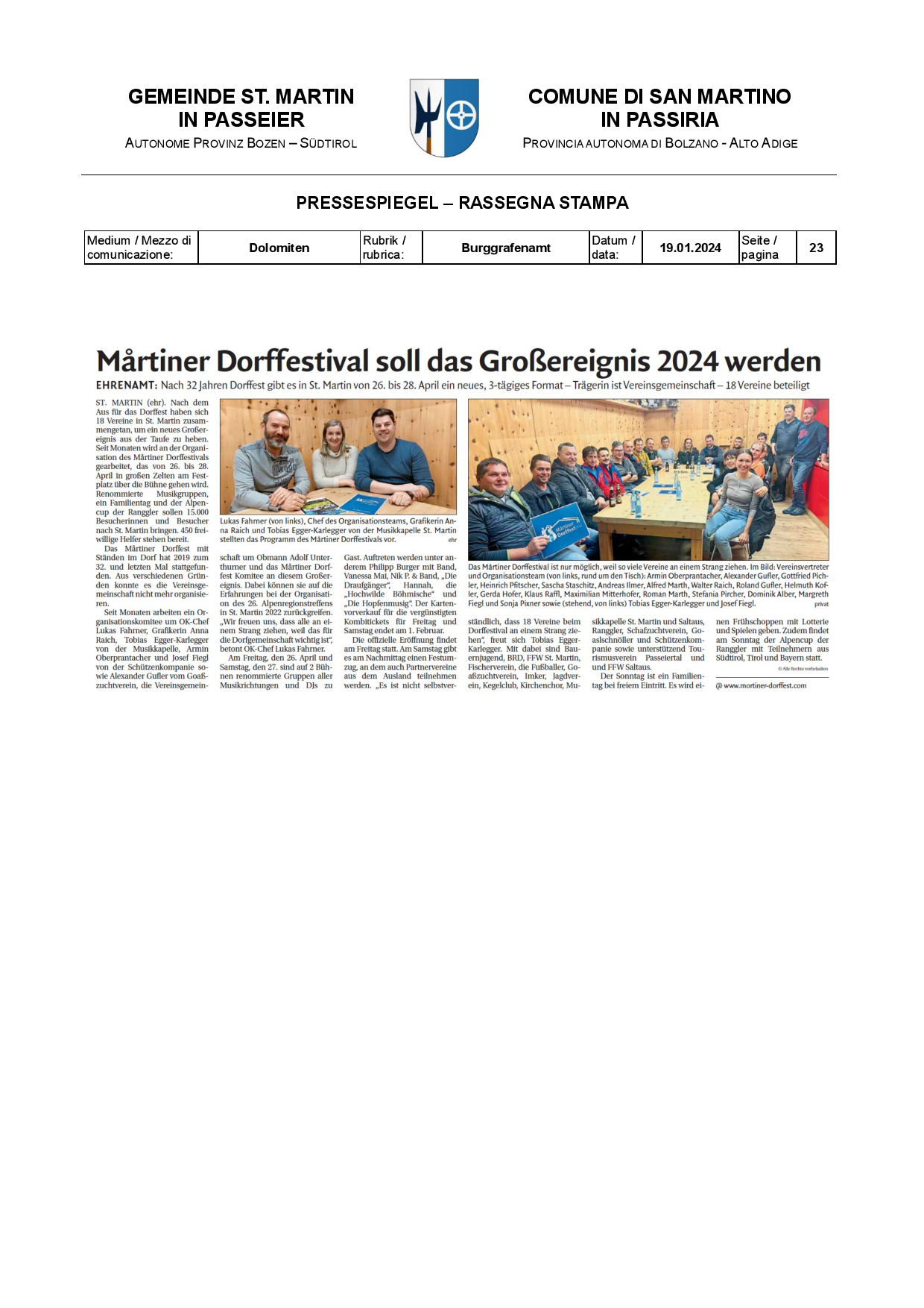 Dolomiten - Il “Martiner Dorffestival" sarà il grande evento del 2024